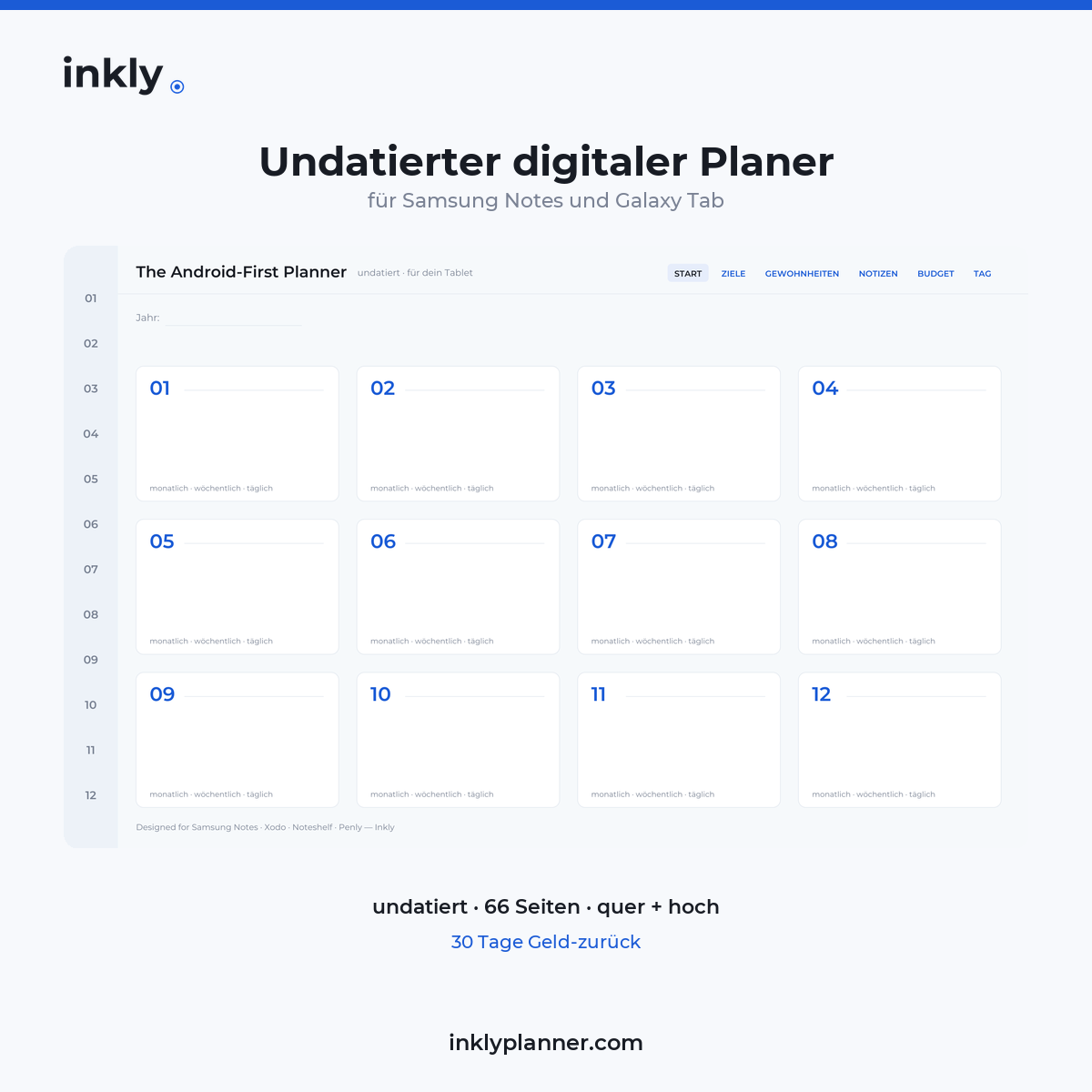 Undatierter digitaler Planer auf Deutsch für Samsung Notes und Galaxy Tab