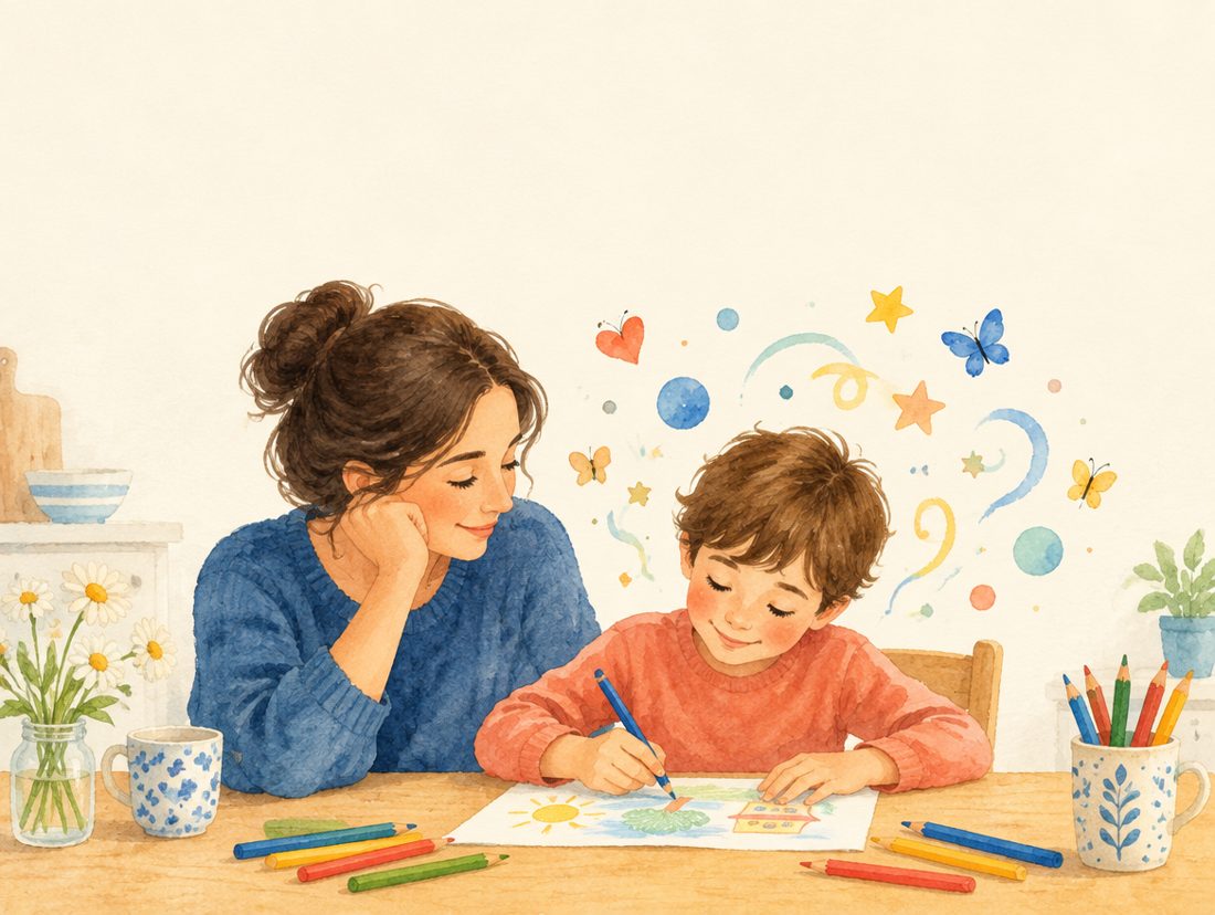 Mãe e filho desenhando juntos à mesa da cozinha