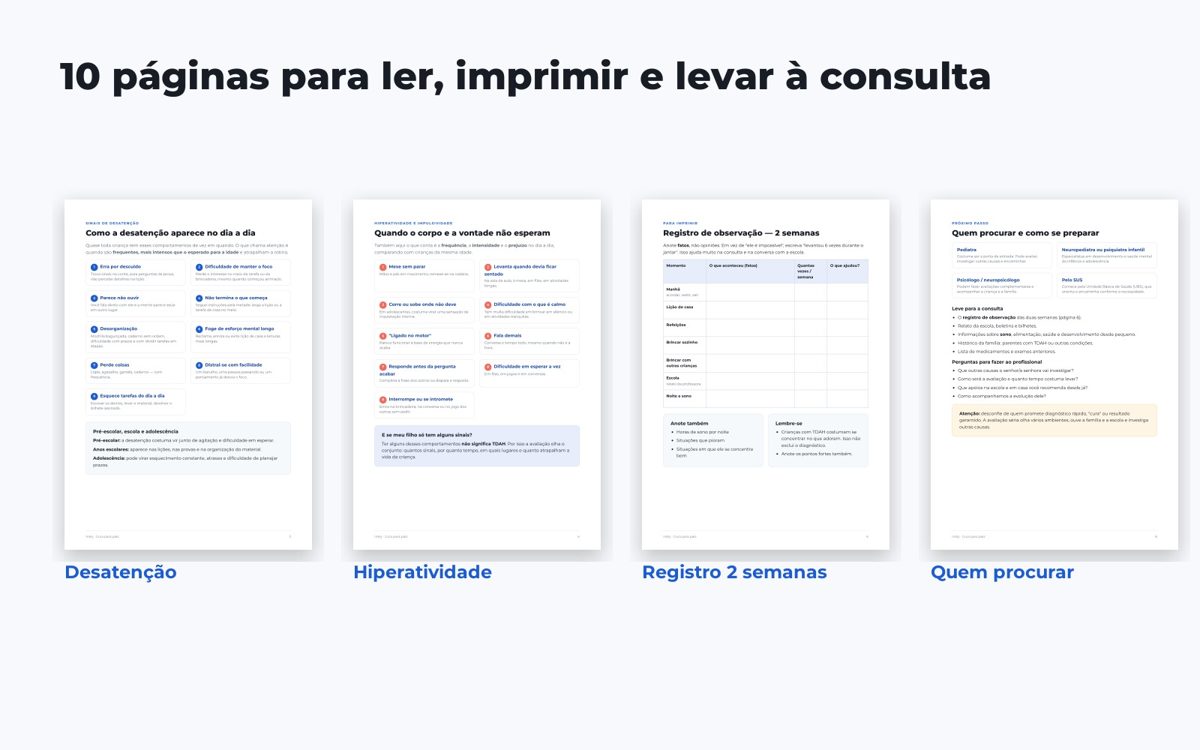 Páginas do guia: desatenção, hiperatividade, registro de observação e quem procurar